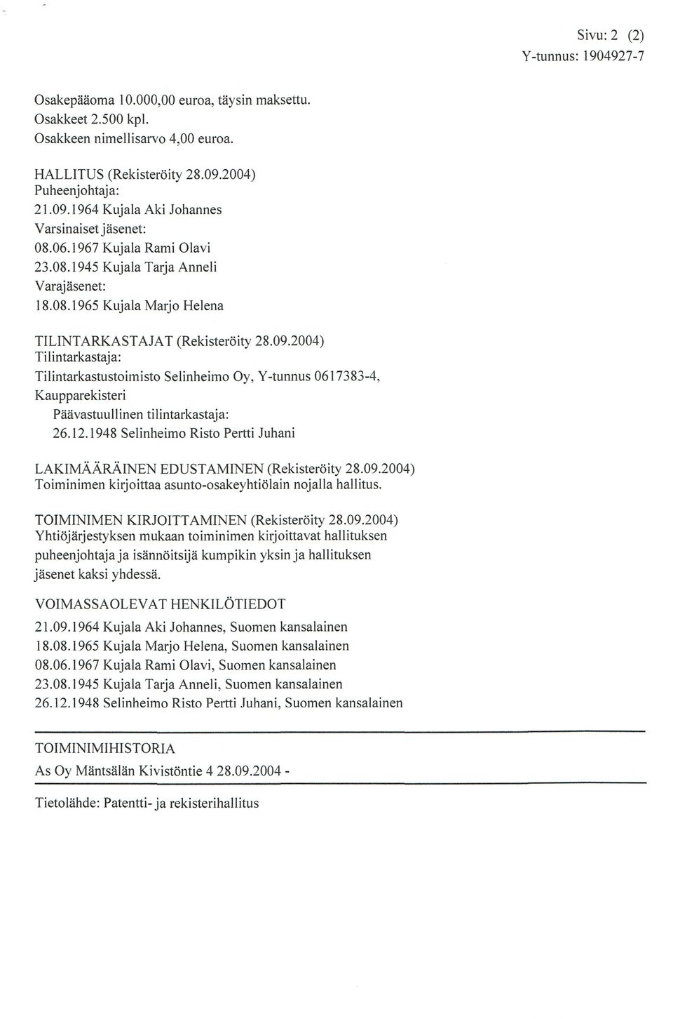 09.2004) Tilintarkastaja: Tilintarkastustoimisto Selinheimo O y, Y-tunnus 0617383-4. Kaupparekisteri Pävastuu1linen tilintarkastaja: 26.12.