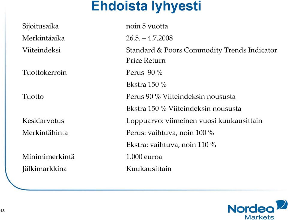 150 % Tuotto Perus 90 % Viiteindeksin noususta Ekstra 150 % Viiteindeksin noususta Keskiarvotus Loppuarvo: