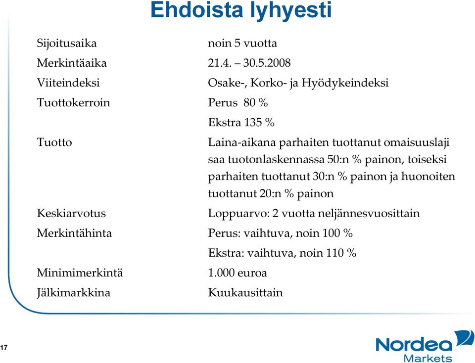 2008 Viiteindeksi Osake-, Korko- ja Hyödykeindeksi Tuottokerroin Perus 80 % Ekstra 135 % Tuotto Keskiarvotus Laina-aikana