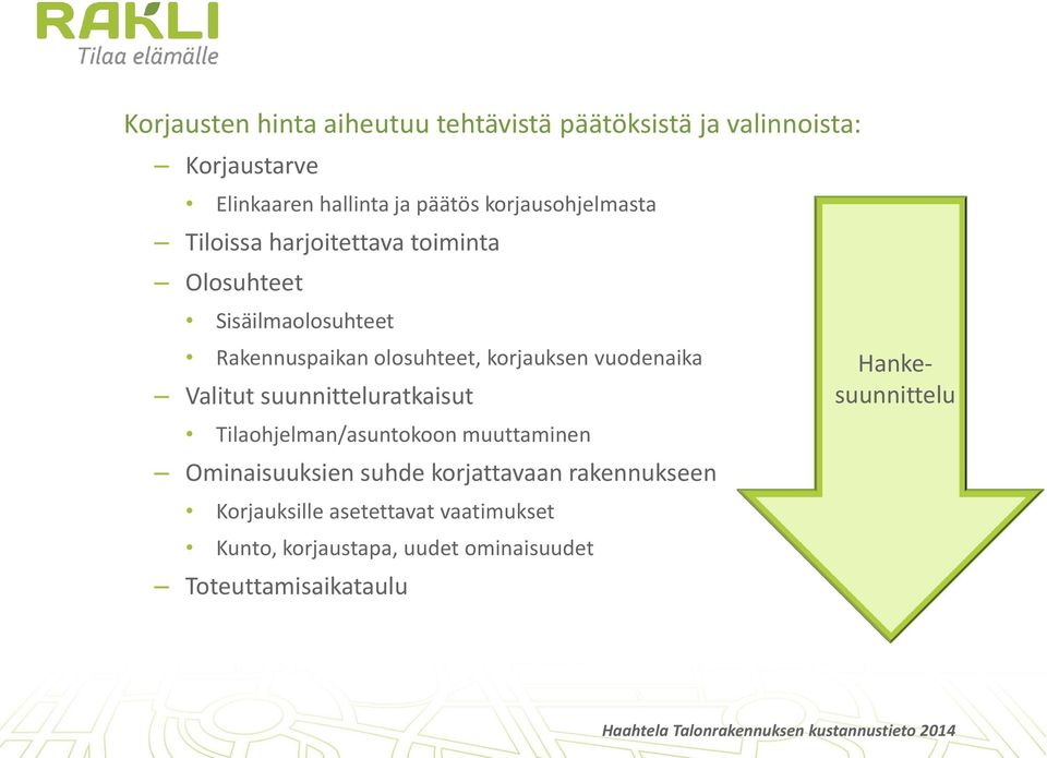 suunnitteluratkaisut Tilaohjelman/asuntokoon muuttaminen Ominaisuuksien suhde korjattavaan rakennukseen Korjauksille