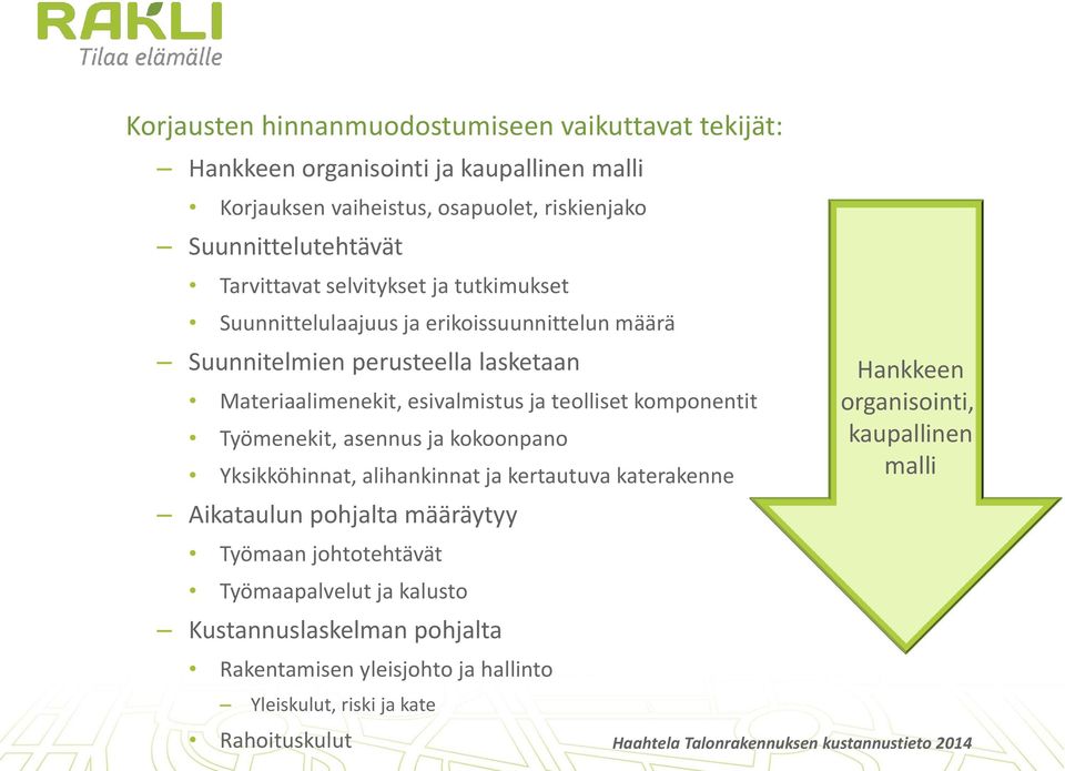 Työmenekit, asennus ja kokoonpano Yksikköhinnat, alihankinnat ja kertautuva katerakenne Aikataulun pohjalta määräytyy Työmaan johtotehtävät Työmaapalvelut ja kalusto