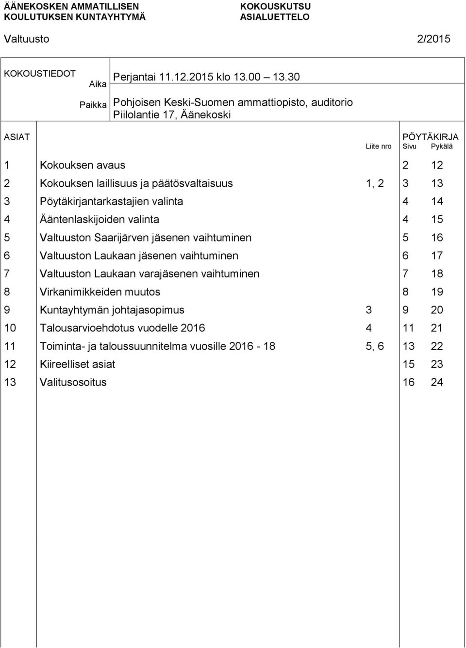 1, 2 3 13 3 valinta 4 14 4 Ääntenlaskijoiden valinta 4 15 5 Valtuuston Saarijärven jäsenen vaihtuminen 5 16 6 Valtuuston Laukaan jäsenen vaihtuminen 6 17 7 Valtuuston Laukaan