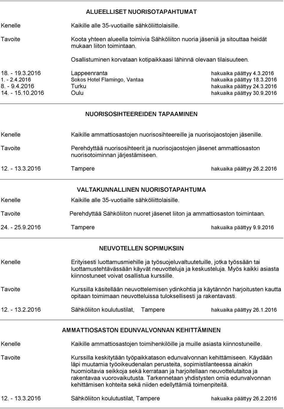 - 9.4.2016 Turku hakuaika päättyy 24.3.2016 14. - 15.10.2016 Oulu hakuaika päättyy 30.9.2016 NUORISOSIHTEEREIDEN TAPAAMINEN Kaikille ammattiosastojen nuorisosihteereille ja nuorisojaostojen jäsenille.