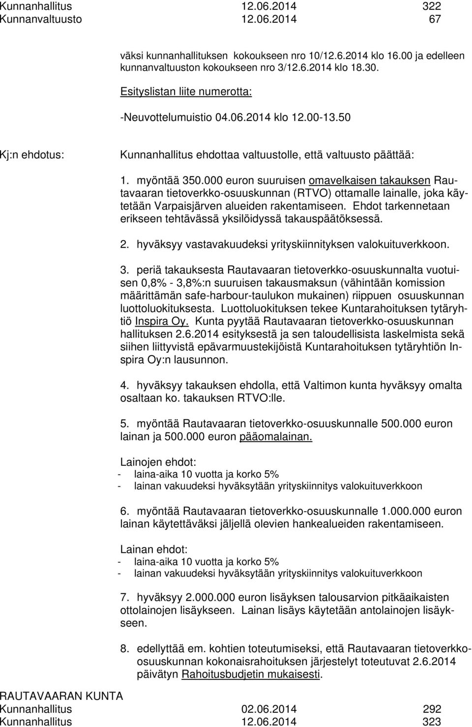 000 euron suuruisen omavelkaisen takauksen Rautavaaran tietoverkko-osuuskunnan (RTVO) ottamalle lainalle, joka käytetään Varpaisjärven alueiden rakentamiseen.