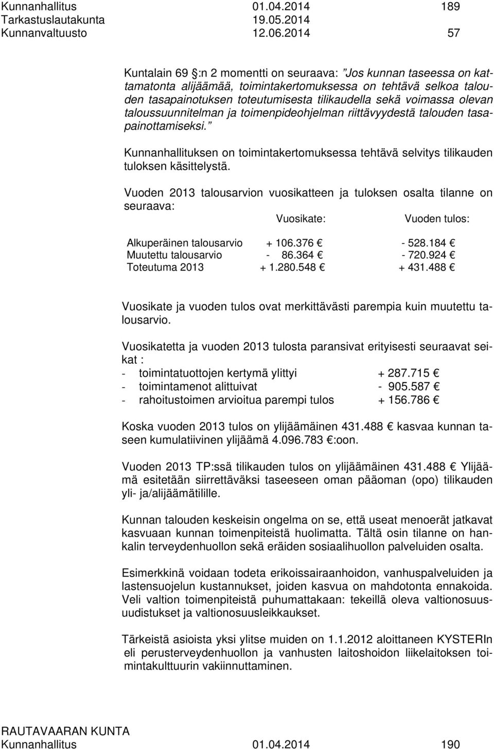 voimassa olevan taloussuunnitelman ja toimenpideohjelman riittävyydestä talouden tasapainottamiseksi. Kunnanhallituksen on toimintakertomuksessa tehtävä selvitys tilikauden tuloksen käsittelystä.