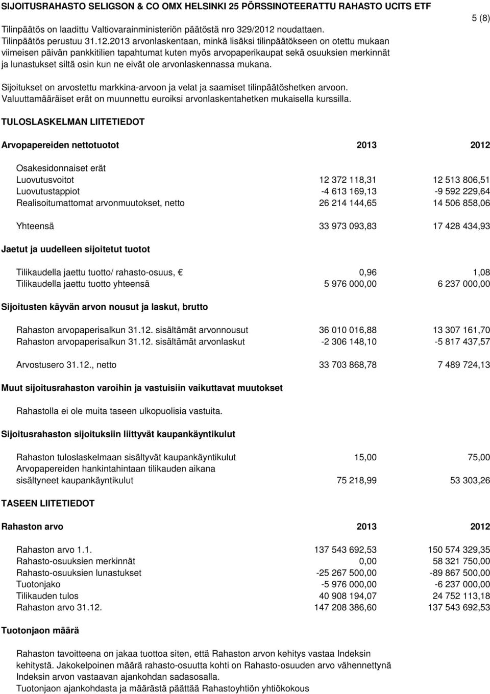 2013 arvonlaskentaan, minkä lisäksi tilinpäätökseen on otettu mukaan viimeisen päivän pankkitilien tapahtumat kuten myös arvopaperikaupat sekä osuuksien merkinnät ja lunastukset siltä osin kun ne