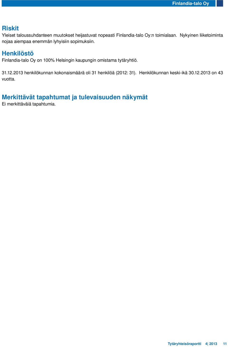 Henkilöstö Finlandia-talo Oy on 100% Helsingin kaupungin omistama tytäryhtiö. 31.12.