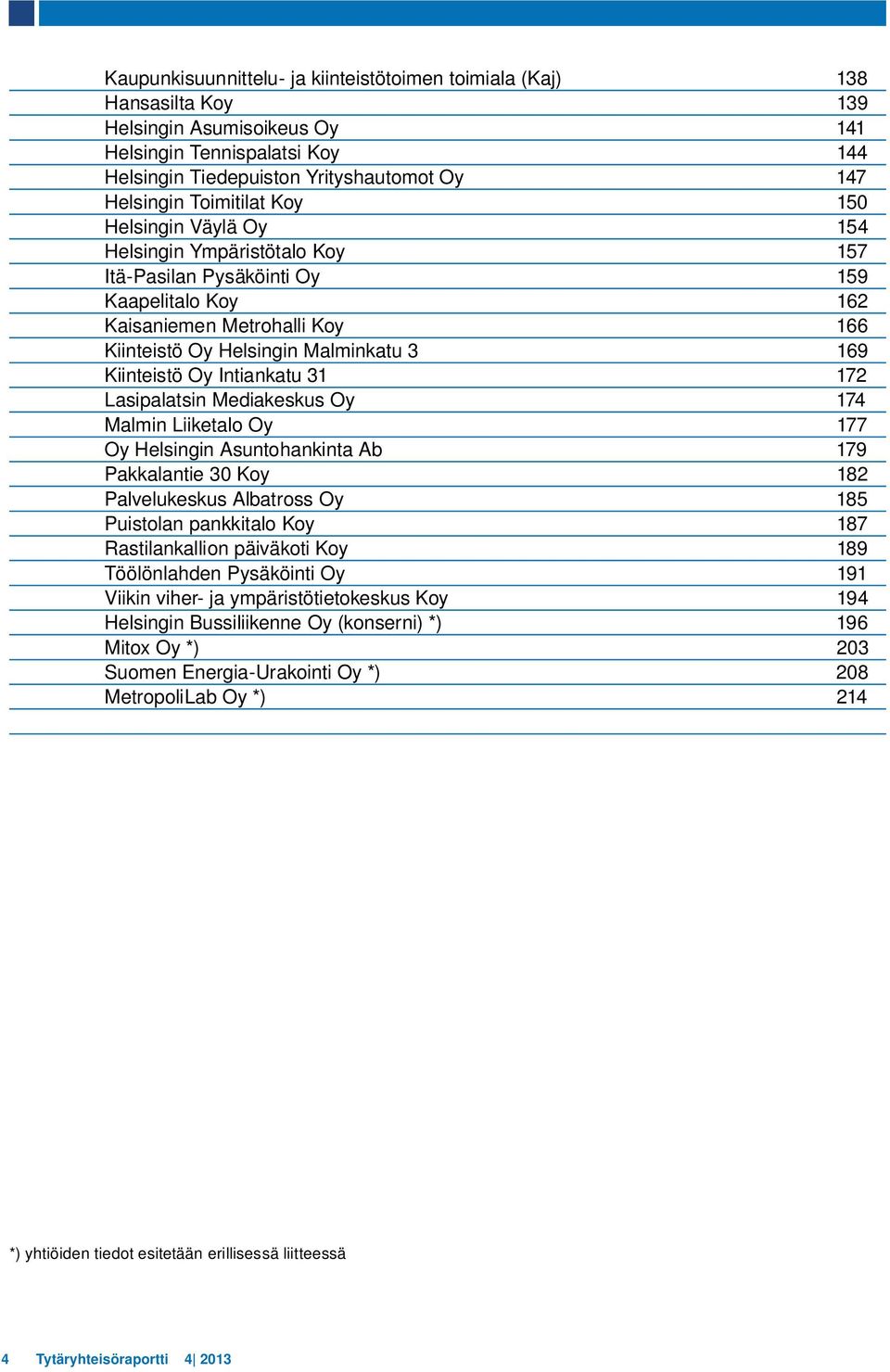 Kiinteistö Oy Intiankatu 31 172 Lasipalatsin Mediakeskus Oy 174 Malmin Liiketalo Oy 177 Oy Helsingin Asuntohankinta Ab 179 Pakkalantie 30 Koy 182 Palvelukeskus Albatross Oy 185 Puistolan pankkitalo