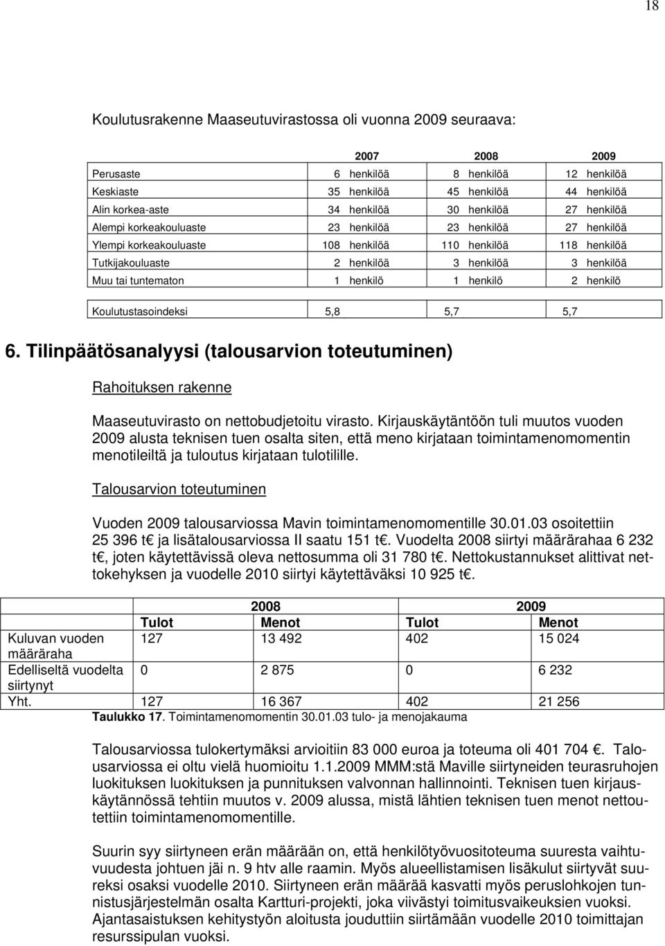 tai tuntematon 1 henkilö 1 henkilö 2 henkilö Koulutustasoindeksi 5,8 5,7 5,7 6. Tilinpäätösanalyysi (talousarvion toteutuminen) Rahoituksen rakenne Maaseutuvirasto on nettobudjetoitu virasto.