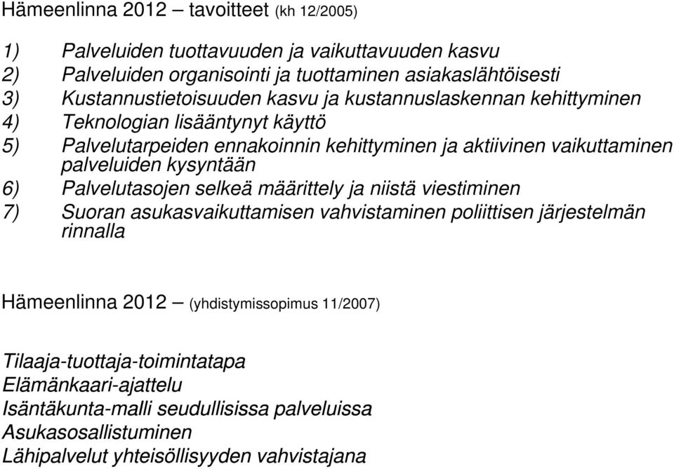 Palvelutasojen selkeä määrittely ja niistä viestiminen 7) Suoran asukasvaikuttamisen vahvistaminen poliittisen järjestelmän rinnalla Hämeenlinna 2012 (yhdistymissopimus 11/2007)