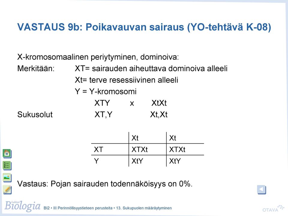 alleeli Xt= terve resessiivinen alleeli Y = Y-kromosomi XTY x XtXt