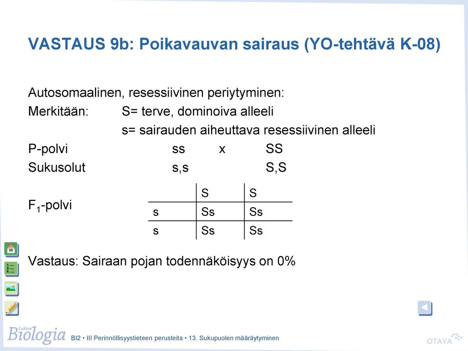 s= sairauden aiheuttava resessiivinen alleeli P-polvi ss x SS