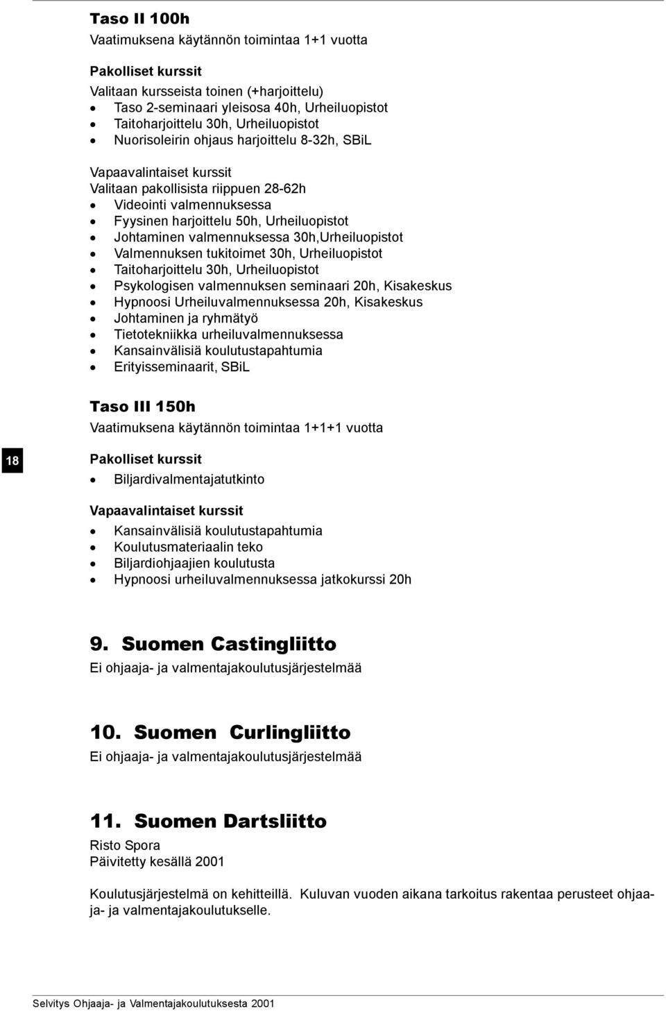 30h,Urheiluopistot Valmennuksen tukitoimet 30h, Urheiluopistot Taitoharjoittelu 30h, Urheiluopistot Psykologisen valmennuksen seminaari 20h, Kisakeskus Hypnoosi Urheiluvalmennuksessa 20h, Kisakeskus