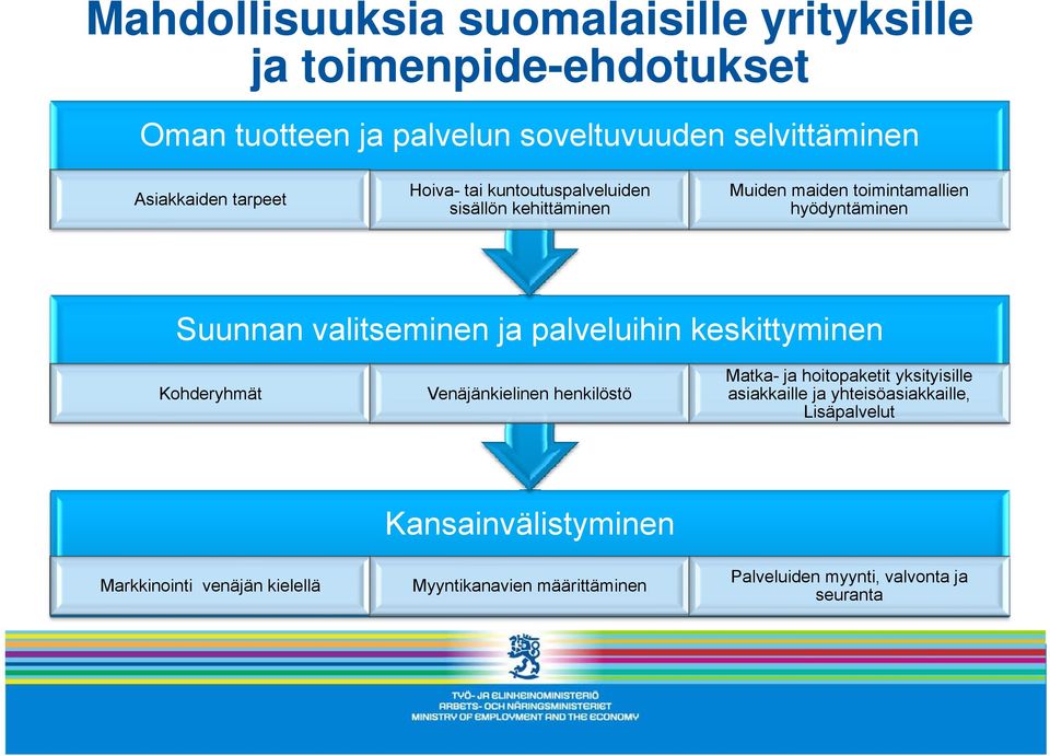 palveluihin keskittyminen Kohderyhmät Venäjänkielinen henkilöstö Matka- ja hoitopaketit yksityisille asiakkaille ja