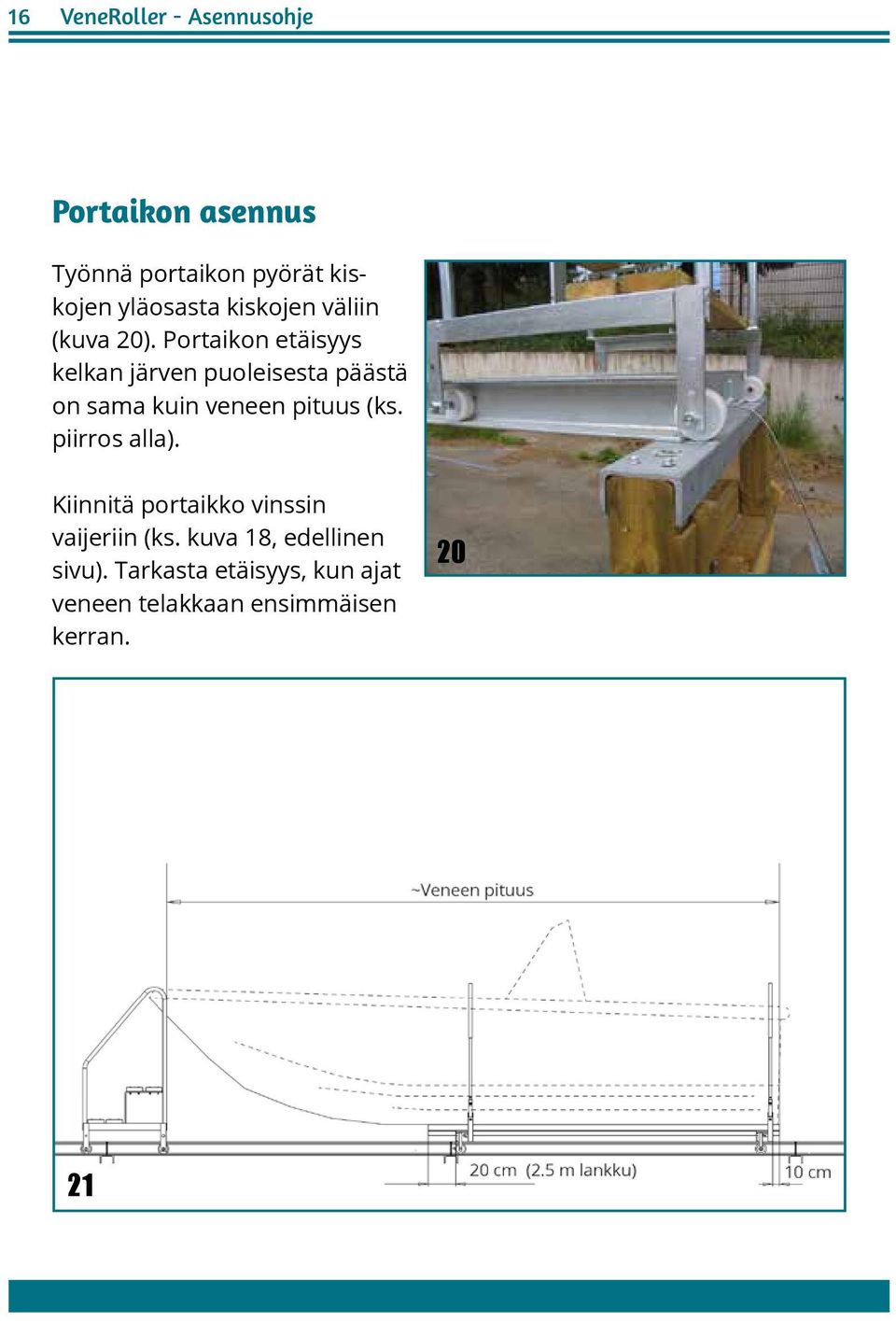 Portaikon etäisyys kelkan järven puoleisesta päästä on sama kuin veneen pituus (ks.