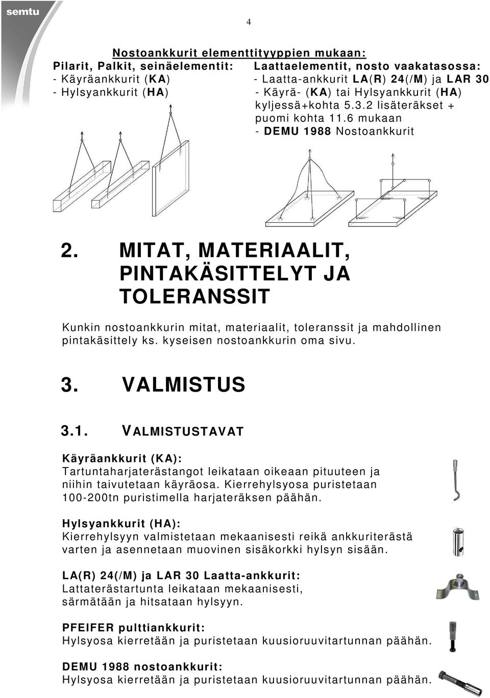 MITAT, MATERIAALIT, PINTAKÄSITTELYT JA TOLERANSSIT Kunkin nostonkkurin mitt, mterilit, tolernssit j mhdollinen pintkäsittely ks. kyseisen nostonkkurin om sivu. 3. VALMISTUS 3.1.