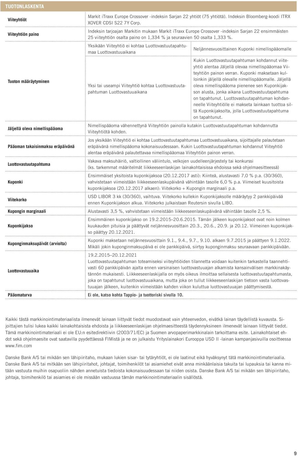 Indeksin tarjoajan Markitin mukaan Markit itraxx Europe Crossover -indeksin Sarjan 22 ensimmäisten 25 viiteyhtiön osalta paino on 1,334 % ja seuraavien 50 osalta 1,333 %.