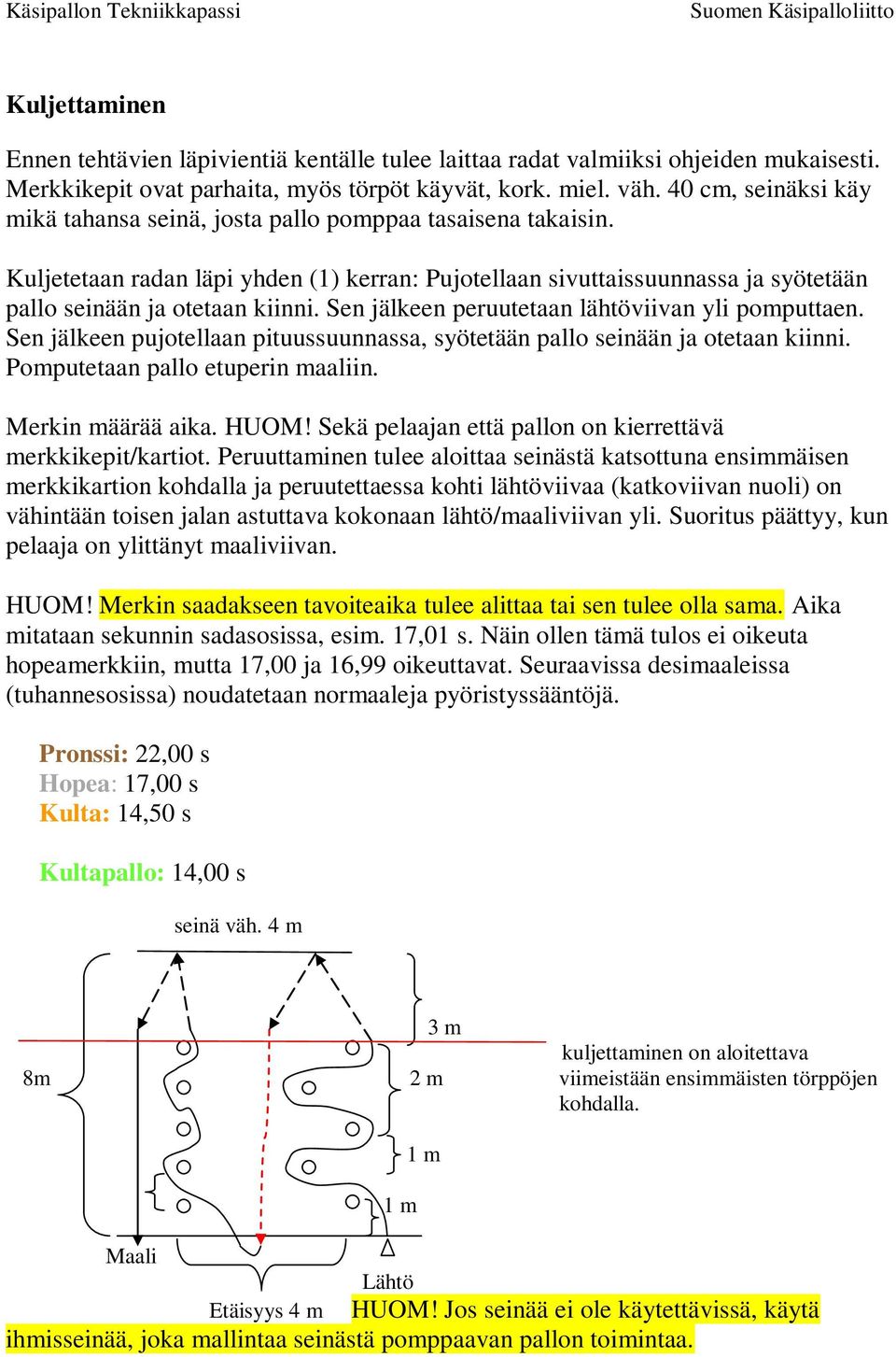 Sen jälkeen peruutetaan lähtöviivan yli pomputtaen. Sen jälkeen pujotellaan pituussuunnassa, syötetään pallo seinään ja otetaan kiinni. Pomputetaan pallo etuperin maaliin. Merkin määrää aika. HUOM!