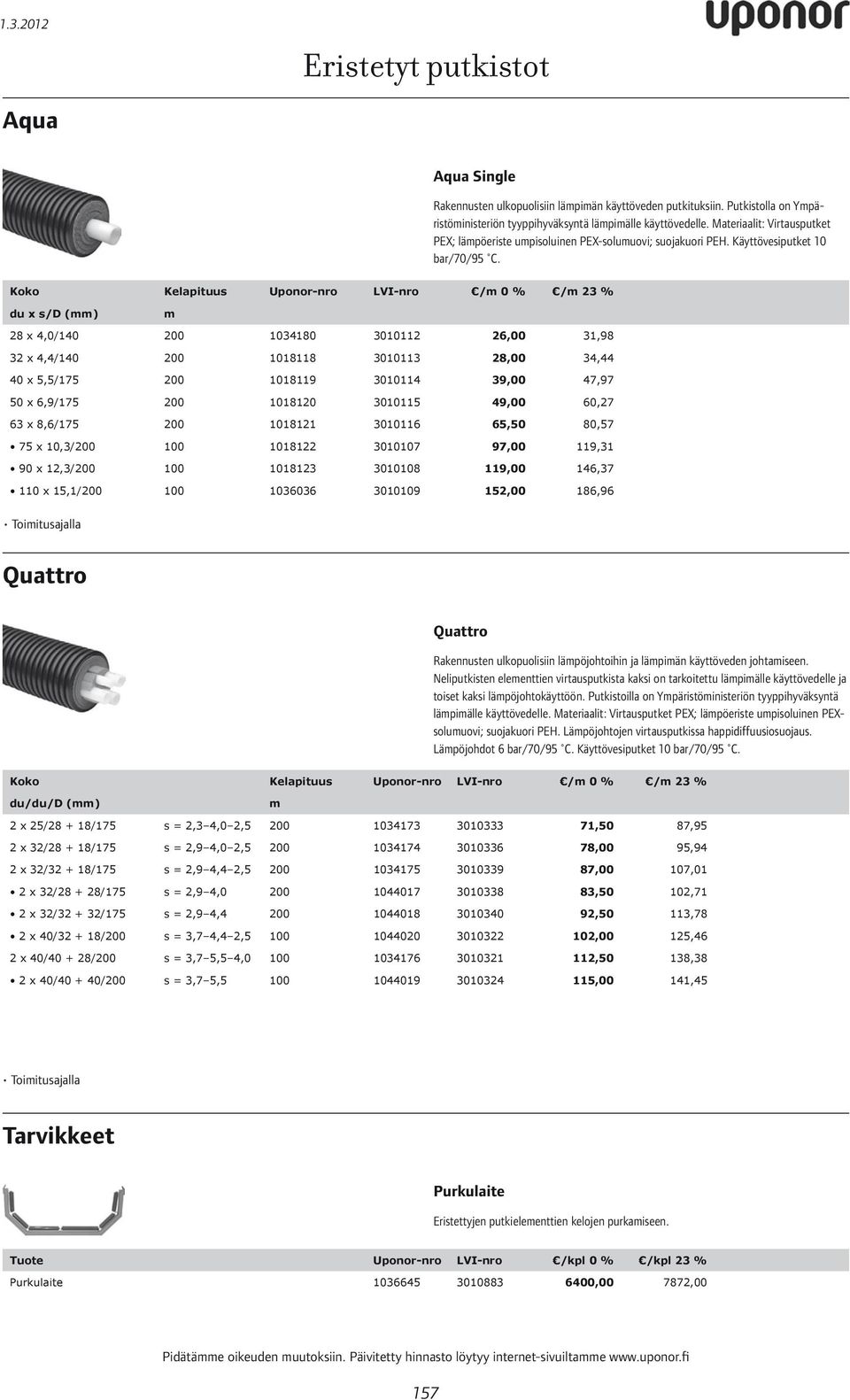 Koko Kelapituus Uponor-nro LVI-nro /m 0 % /m 23 % du x s/d (mm) m 200 3010112 26,00 200 3010113 28,00 200 39,00 200 49,00 200 3010116 65,50 100 97,00 100 119,00 100 1036036 152,00 Toimitusajalla