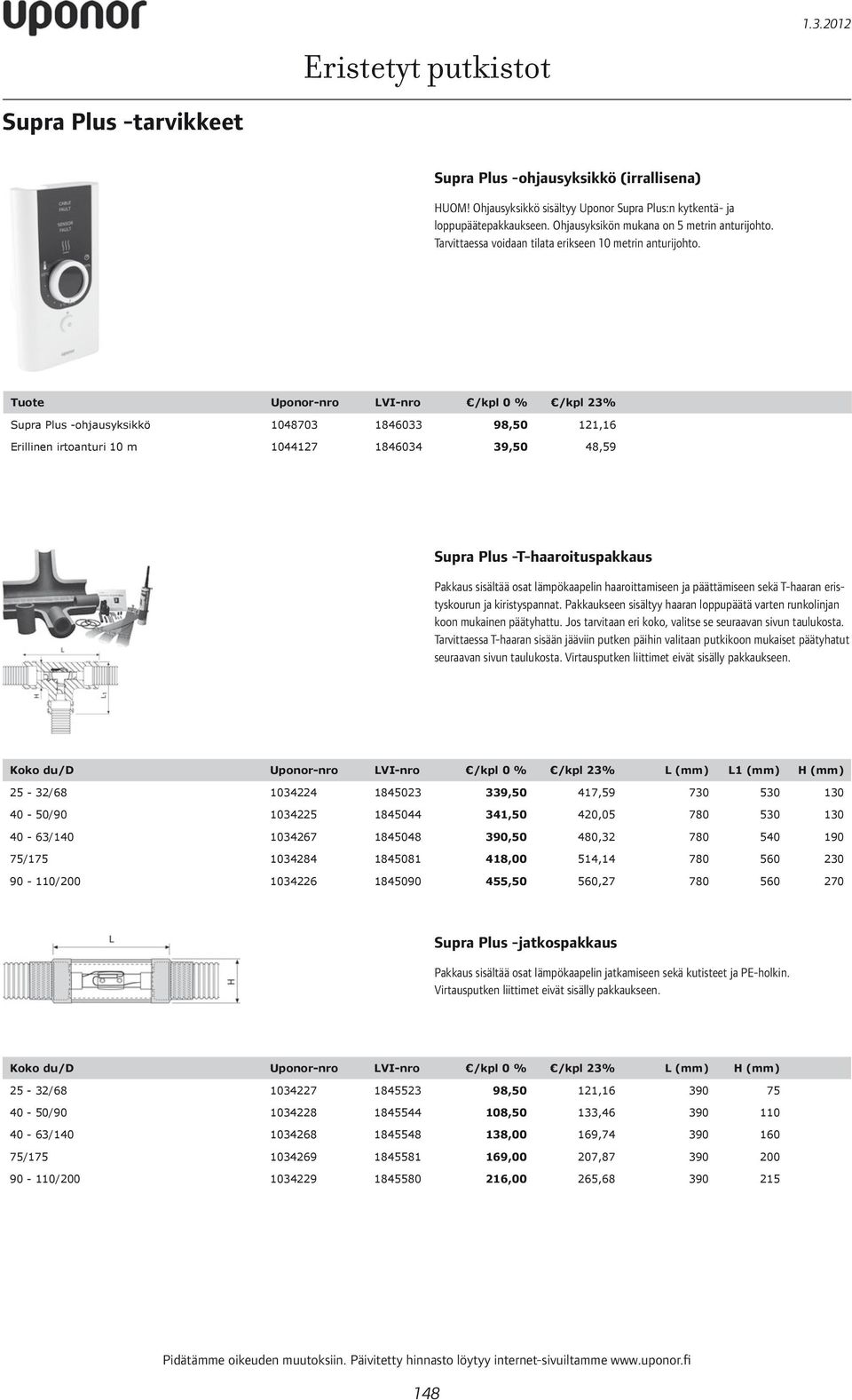 Tuote Uponor-nro LVI-nro /kpl 0 % /kpl 23% Supra Plus -ohjausyksikkö 98,50 121,16 Erillinen irtoanturi 10 m 39,50 Supra Plus -T-haaroituspakkaus Pakkaus sisältää osat lämpökaapelin haaroittamiseen ja