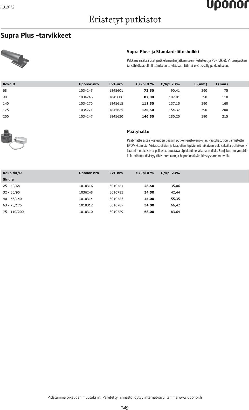 Koko D Uponor-nro LVI-nro /kpl 0 % /kpl 23% L (mm) H (mm) 73,50 87,00 110 111,50 160 125,50 200 200 146,50 Päätyhattu Päätyhattu estää kosteuden pääsyn putken eristekerroksiin.