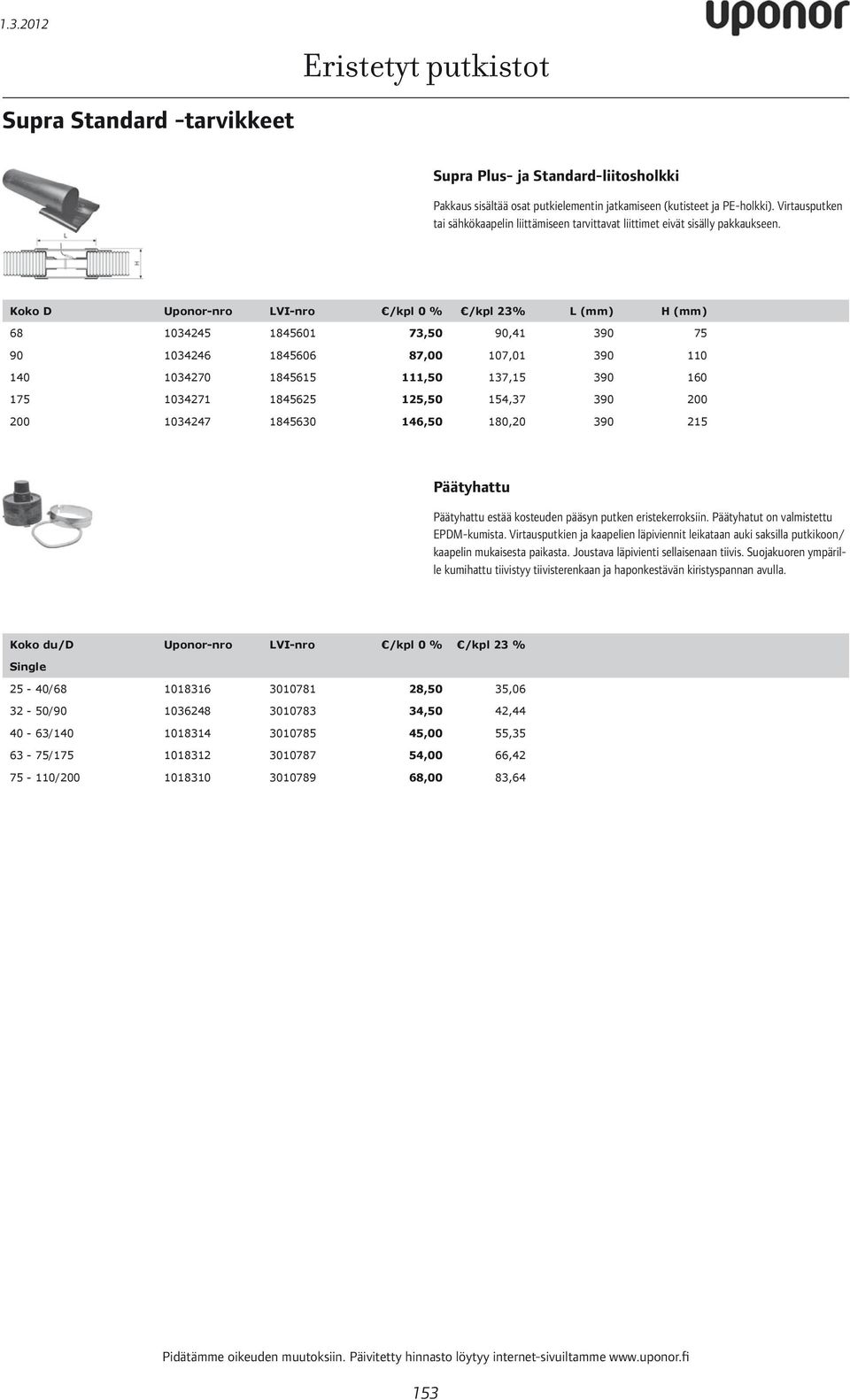 Koko D Uponor-nro LVI-nro /kpl 0 % /kpl 23% L (mm) H (mm) 73,50 87,00 110 111,50 160 125,50 200 200 146,50 Päätyhattu Päätyhattu estää kosteuden pääsyn putken eristekerroksiin.