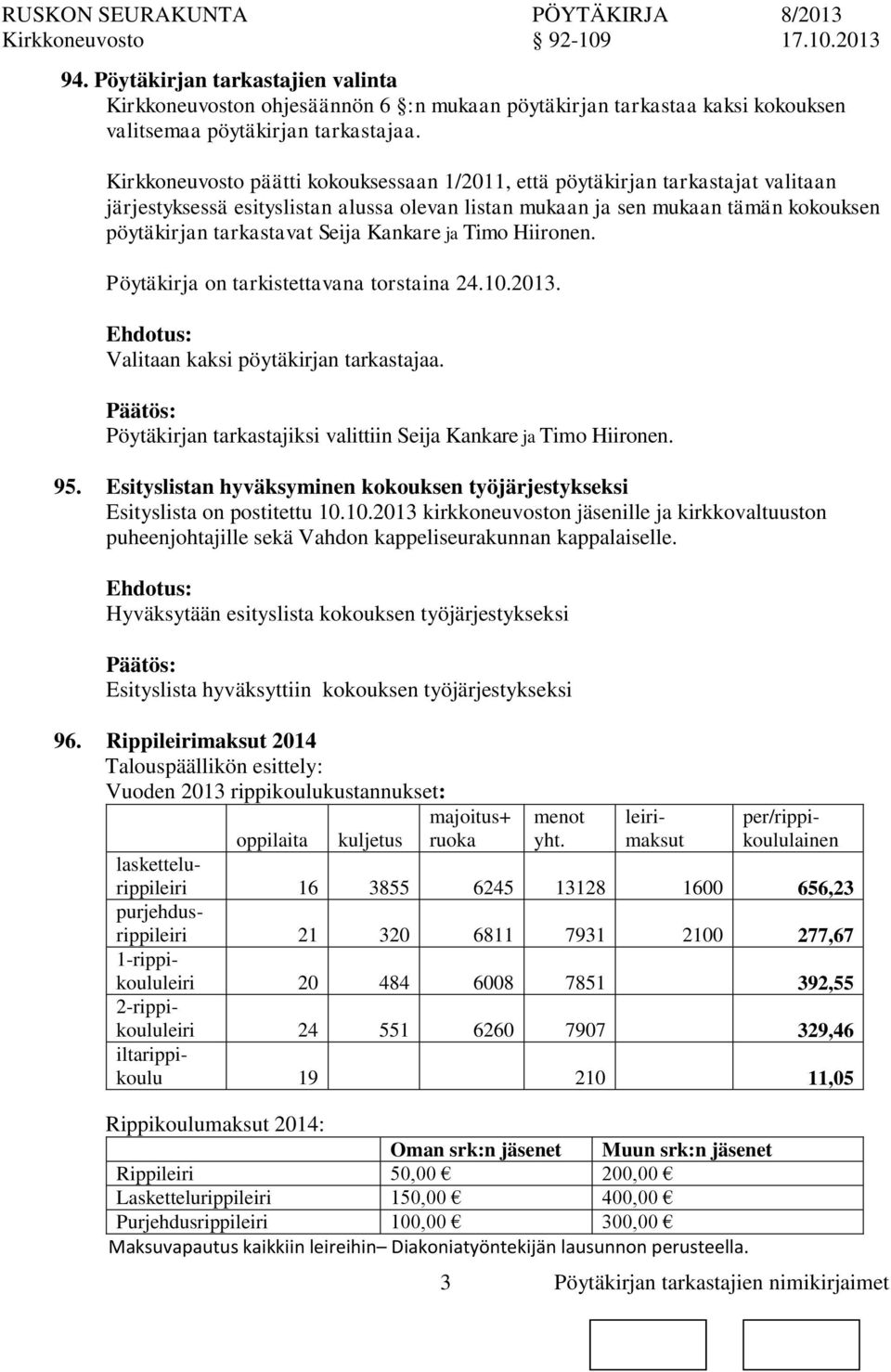 Kankare ja Timo Hiiren. Pöytäkirja tarkistettavana torstaina 24.10.2013. Ehdotus: Valitaan kaksi pöytäkirjan tarkastajaa. Pöytäkirjan tarkastajiksi valittiin Seija Kankare ja Timo Hiiren. 95.