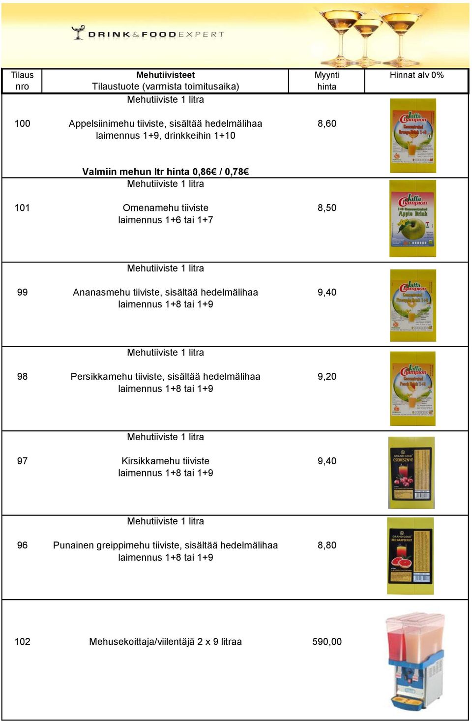 hedelmälihaa 9,40 laimennus 1+8 tai 1+9 98 Persikkamehu tiiviste, sisältää hedelmälihaa 9,20 laimennus 1+8 tai 1+9 97 Kirsikkamehu tiiviste 9,40