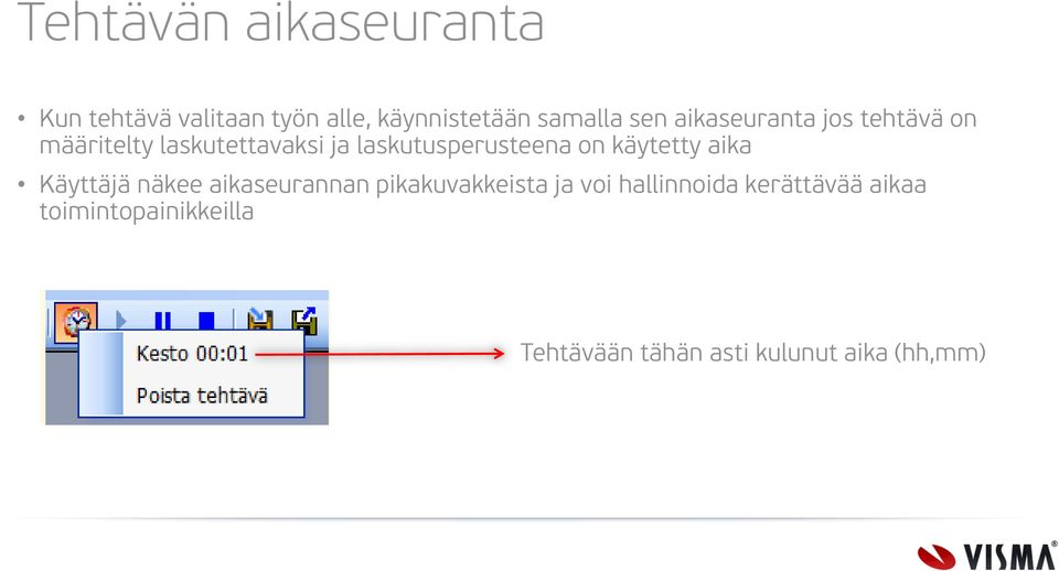 käytetty aika Käyttäjä näkee aikaseurannan pikakuvakkeista ja voi hallinnoida