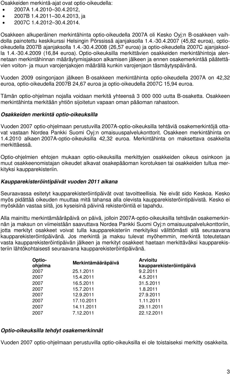 -30.4.2007 (45,82 euroa), optiooikeudella 2007B ajanjaksolla 1.4.-30.4.2008 (26,57 euroa) ja optio-oikeudella 2007C ajanjaksolla 1.4.-30.4.2009 (16,84 euroa).