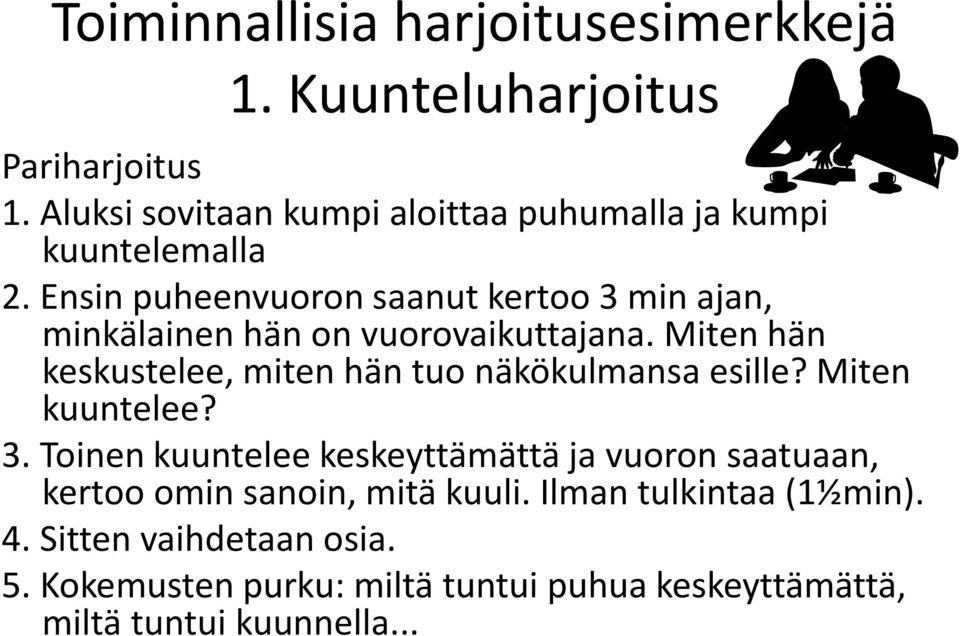 Ensin puheenvuoron saanut kertoo 3 min ajan, minkälainen hän on vuorovaikuttajana.