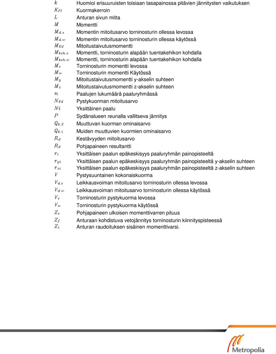 w Momentti, torninosturin alapään tuentakehikon kohdalla M s Torninosturin momentti levossa M w Torninosturin momentti Käytössä M y Mitoitustaivutusmomentti y-akselin suhteen M z
