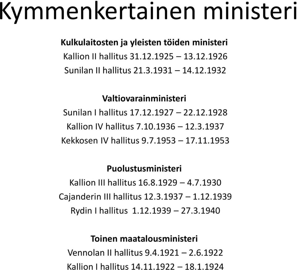 7.1953 17.11.1953 Puolustusministeri Kallion III hallitus 16.8.1929 4.7.1930 Cajanderin III hallitus 12.3.1937 1.12.1939 Rydin I hallitus 1.