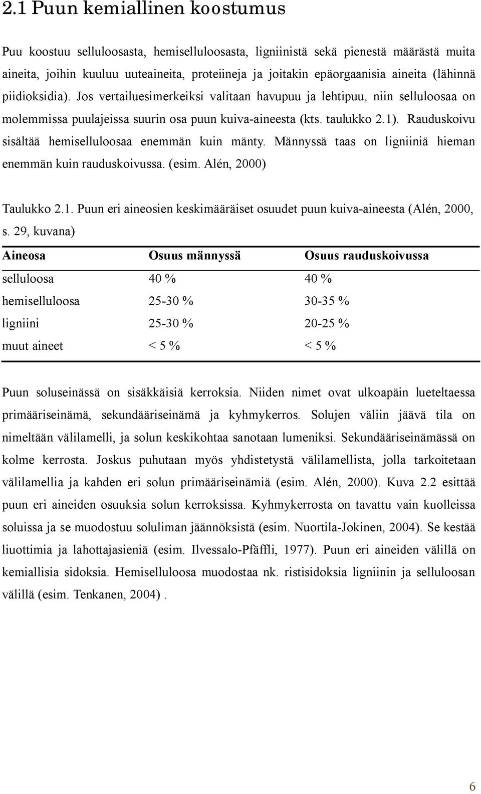 Rauduskoivu sisältää hemiselluloosaa enemmän kuin mänty. Männyssä taas on ligniiniä hieman enemmän kuin rauduskoivussa. (esim. Alén, 2000) Taulukko 2.1.