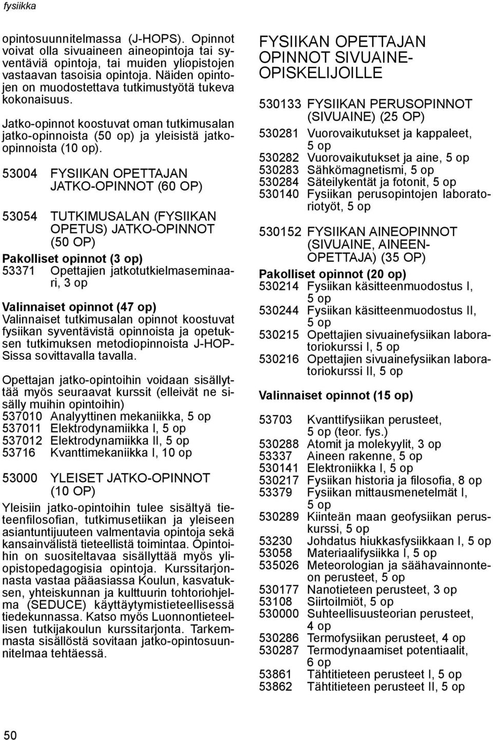 53004 FYSIIKAN OPETTAJAN JATKO-OPINNOT (60 op) 53054 Tutkimusalan (fysiikan opetus) jatko-opinnot (50 op) Pakolliset opinnot () 53371 Opettajien jatkotutkielmaseminaari, Valinnaiset opinnot (47 op)