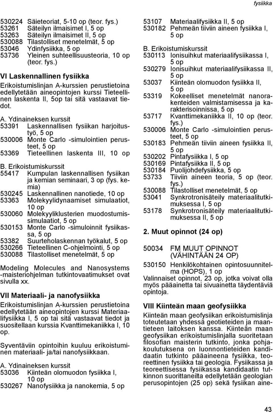 53391 Laskennallisen fysiikan harjoitustyö, 530006 Monte Carlo -simulointien perusteet, 53369 Tieteellinen laskenta III, 10 op 55417 Kumpulan laskennallisen fysiikan ja kemian seminaari, (fys.