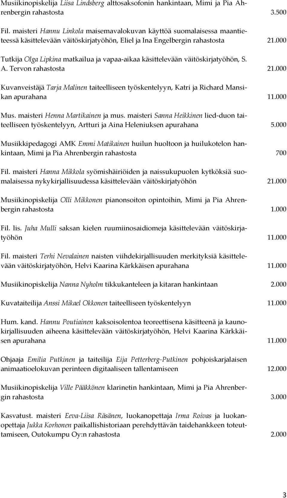000 Tutkija Olga Lipkina matkailua ja vapaa-aikaa käsittelevään väitöskirjatyöhön, S. A. Tervon rahastosta 21.