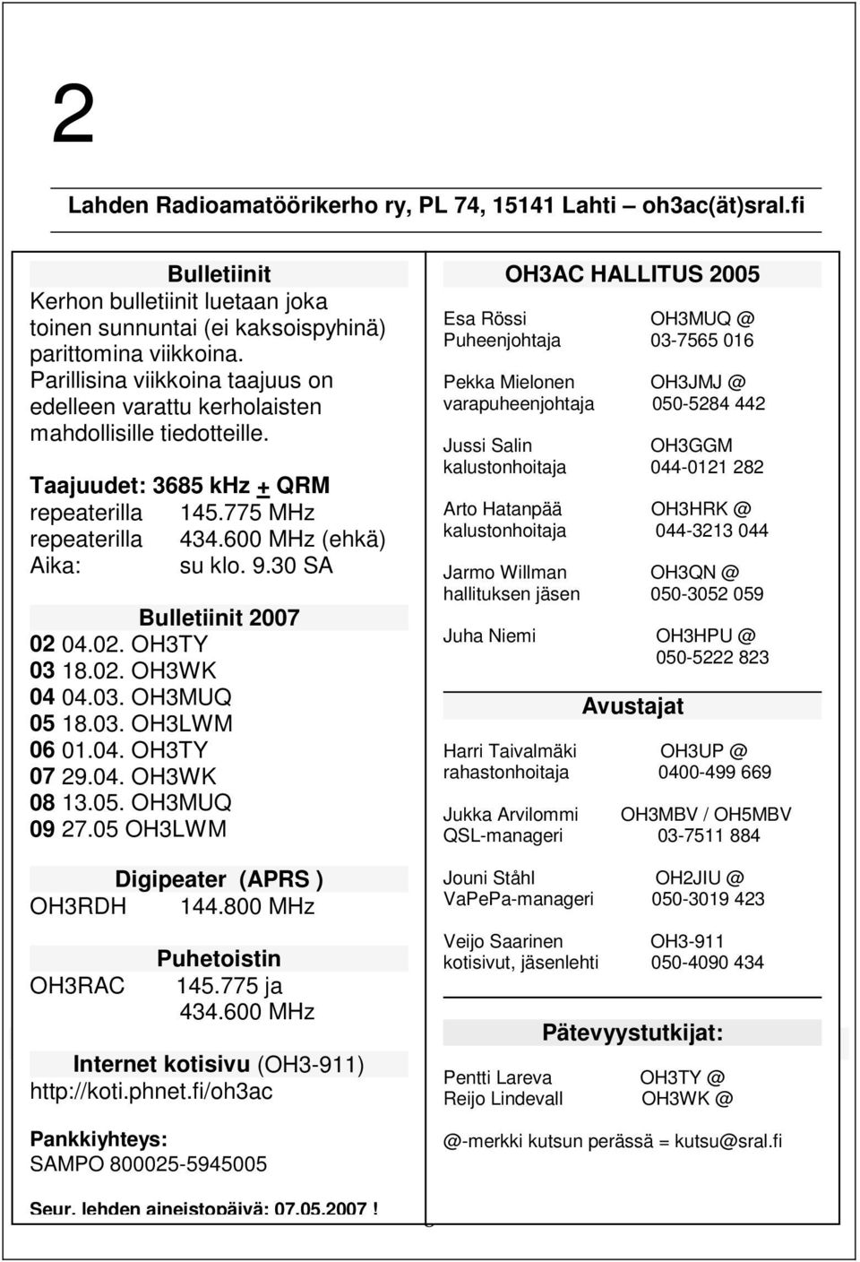 30 SA Bulletiinit 2007 02 04.02. OH3TY 03 18.02. OH3WK 04 04.03. OH3MUQ 05 18.03. OH3LWM 06 01.04. OH3TY 07 29.04. OH3WK 08 13.05. OH3MUQ 09 27.05 OH3LWM Digipeater (APRS ) OH3RDH 144.