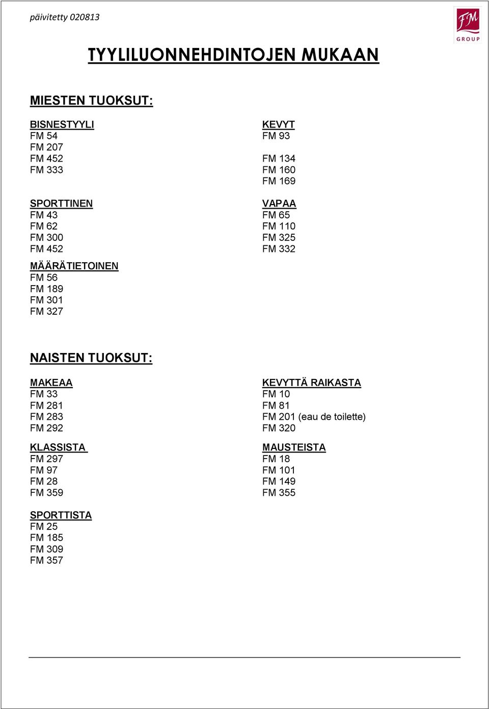 327 NAISTEN TUOKSUT: MAKEAA KEVYTTÄ RAIKASTA FM 33 FM 10 FM 281 FM 81 FM 283 FM 201 (eau de toilette) FM 292 FM