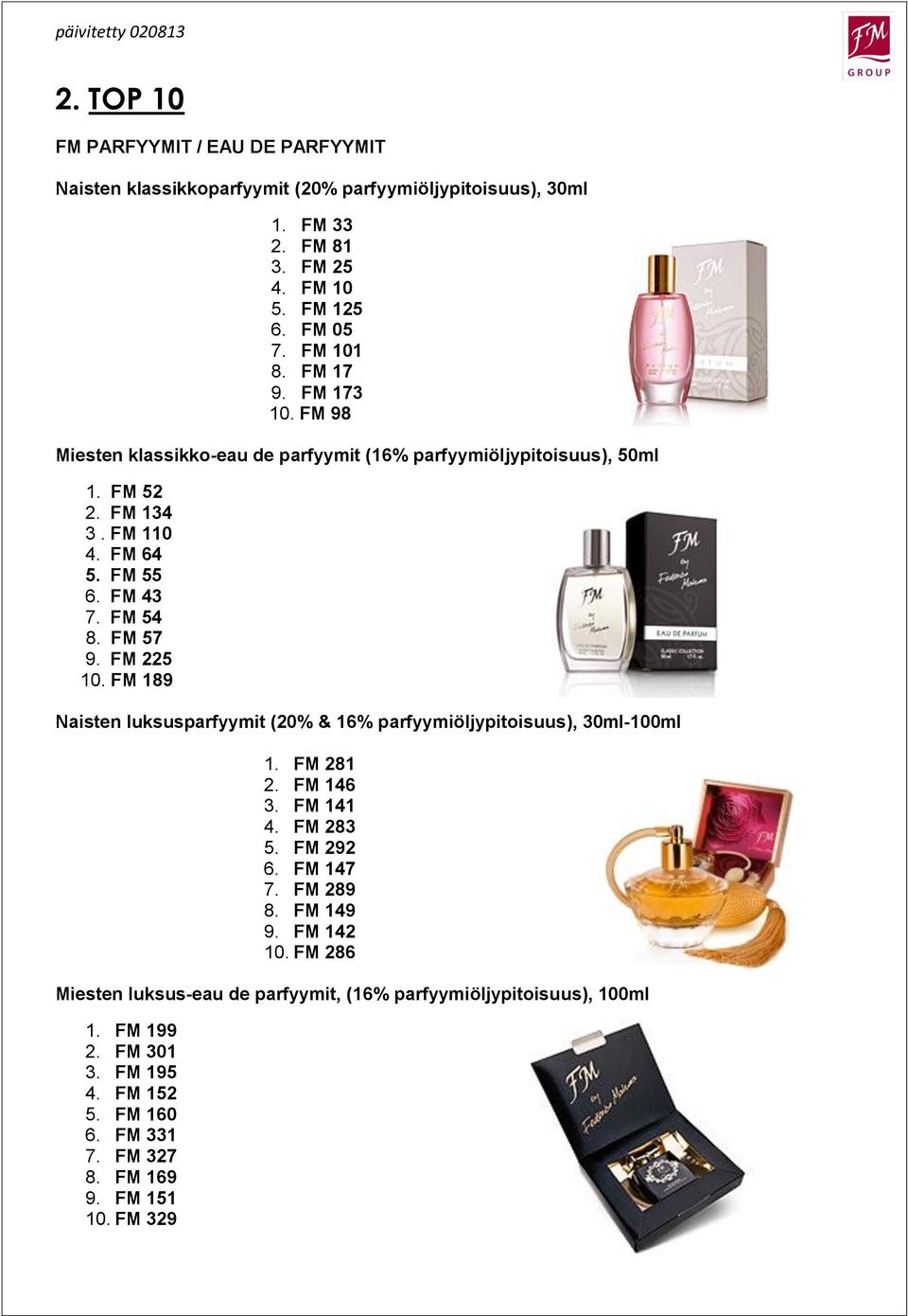 FM 225 10. FM 189 Naisten luksusparfyymit (20% & 16% parfyymiöljypitoisuus), 30ml-100ml 1. FM 281 2. FM 146 3. FM 141 4. FM 283 5. FM 292 6. FM 147 7. FM 289 8. FM 149 9.