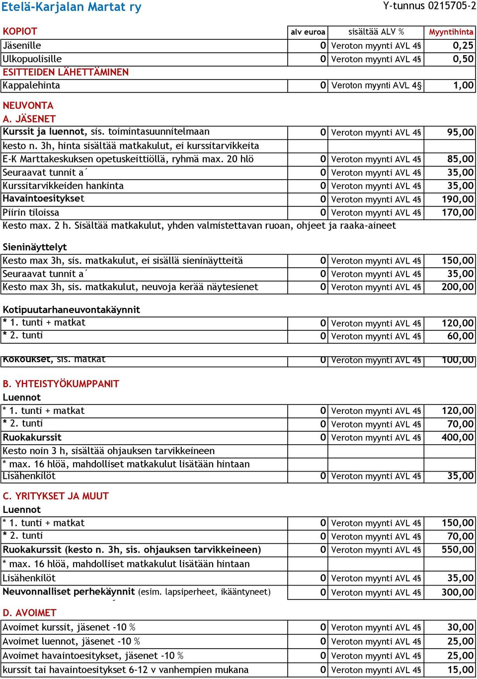 20 hlö 0 Veroton myynti AVL 4 85,00 Seuraavat tunnit a 0 Veroton myynti AVL 4 35,00 Kurssitarvikkeiden hankinta 0 Veroton myynti AVL 4 35,00 Havaintoesitykset 0 Veroton myynti AVL 4 190,00 Piirin