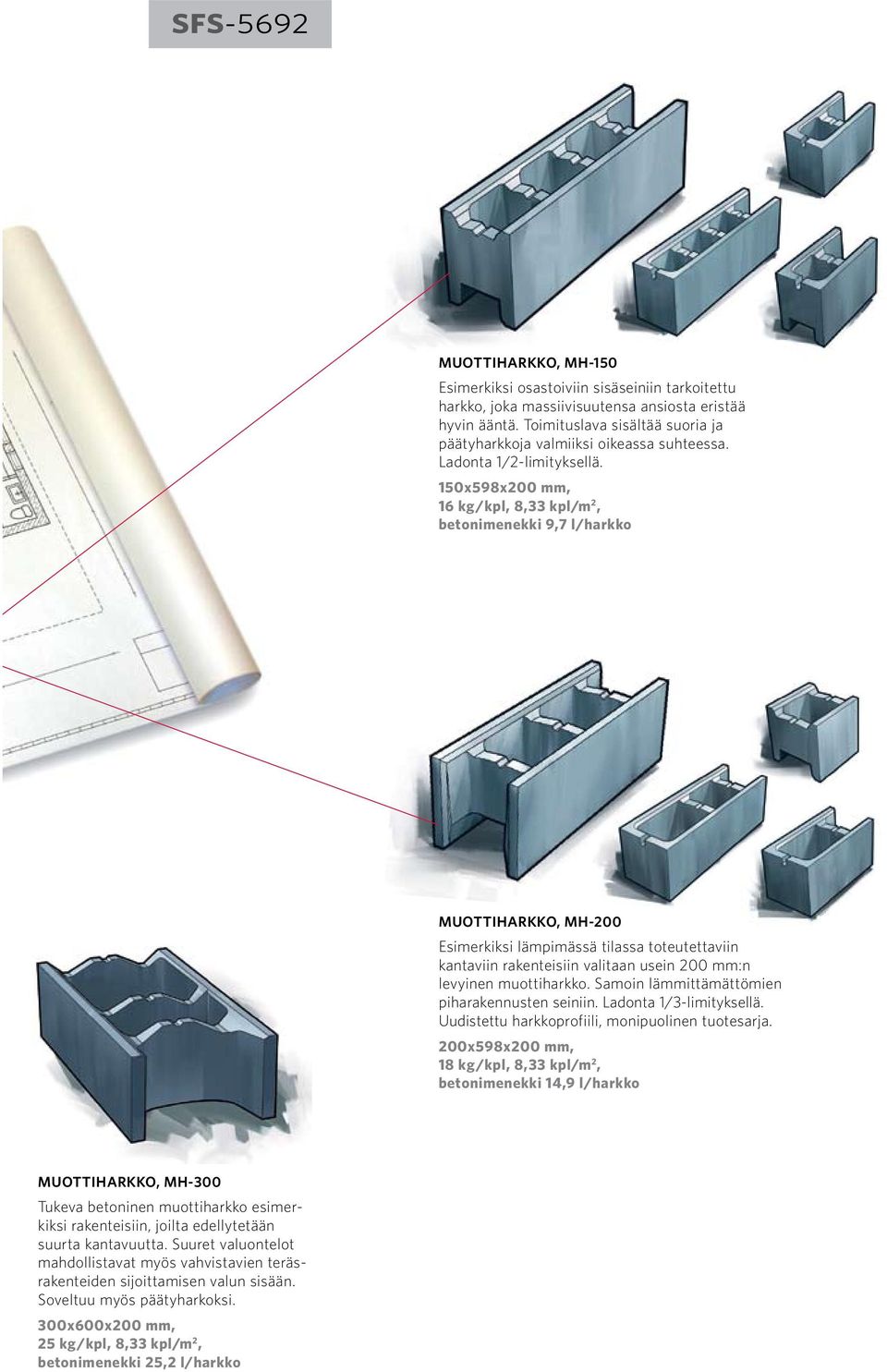 150x598x200 mm, 16 kg/kpl, 8,33 kpl/m 2, betonimenekki 9,7 l/harkko Muottiharkko, MH-200 Esimerkiksi lämpimässä tilassa toteutettaviin kantaviin rakenteisiin valitaan usein 200 mm:n levyinen