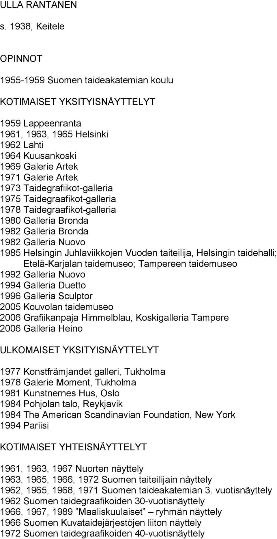 1973 Taidegrafiikot-galleria 1975 Taidegraafikot-galleria 1978 Taidegraafikot-galleria 1980 Galleria Bronda 1982 Galleria Bronda 1982 Galleria Nuovo 1985 Helsingin Juhlaviikkojen Vuoden taiteilija,