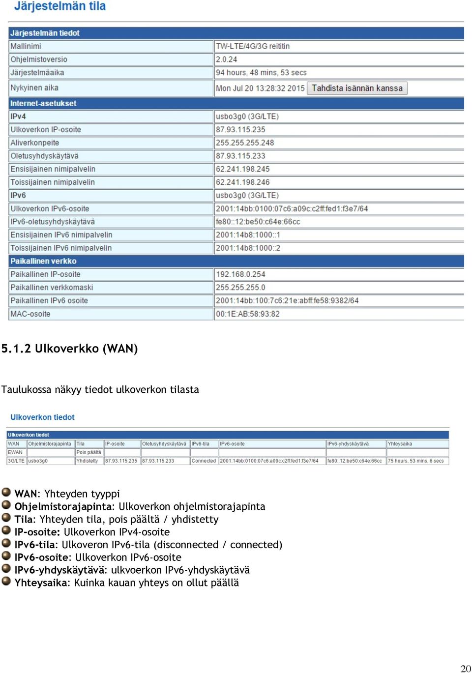 IP-osoite: Ulkoverkon IPv4-osoite IPv6-tila: Ulkoveron IPv6-tila (disconnected / connected)