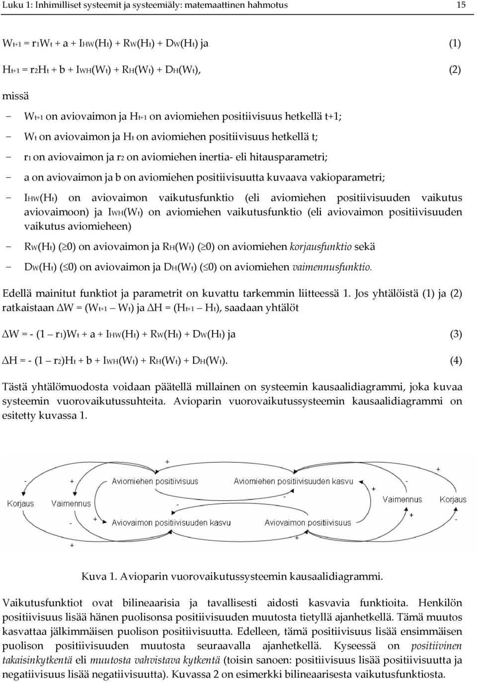 b on aviomiehen positiivisuutta kuvaava vakioparametri; IHW(Ht) on aviovaimon vaikutusfunktio (eli aviomiehen positiivisuuden vaikutus aviovaimoon) ja IWH(Wt) on aviomiehen vaikutusfunktio (eli