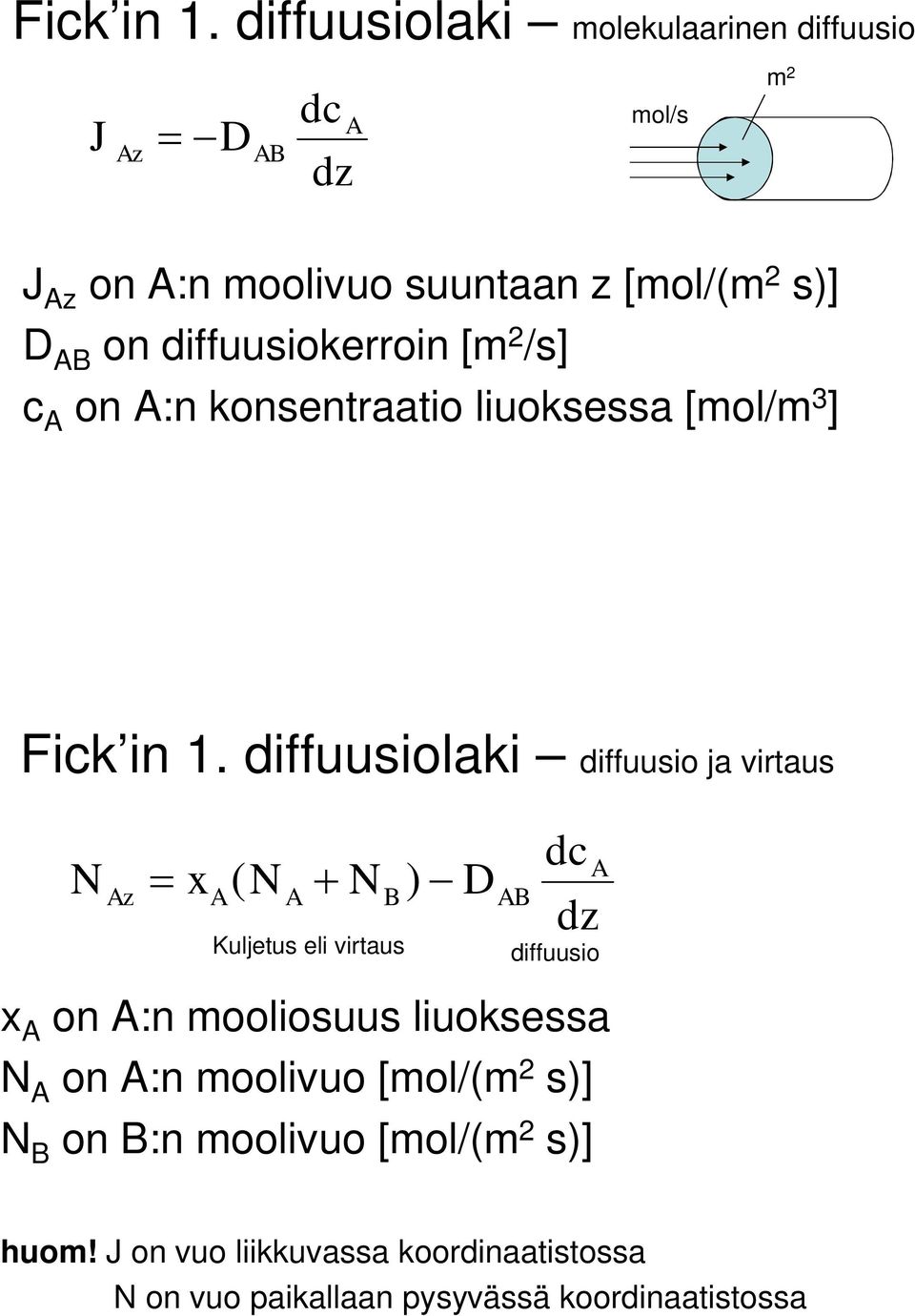 [m 2 /s] A mol/s c A on A:n konsentraatio liuoksessa [mol/m 3 ] m 2  diffuusiolaki diffuusio ja virtaus N Az = xa( N A + N B ) -