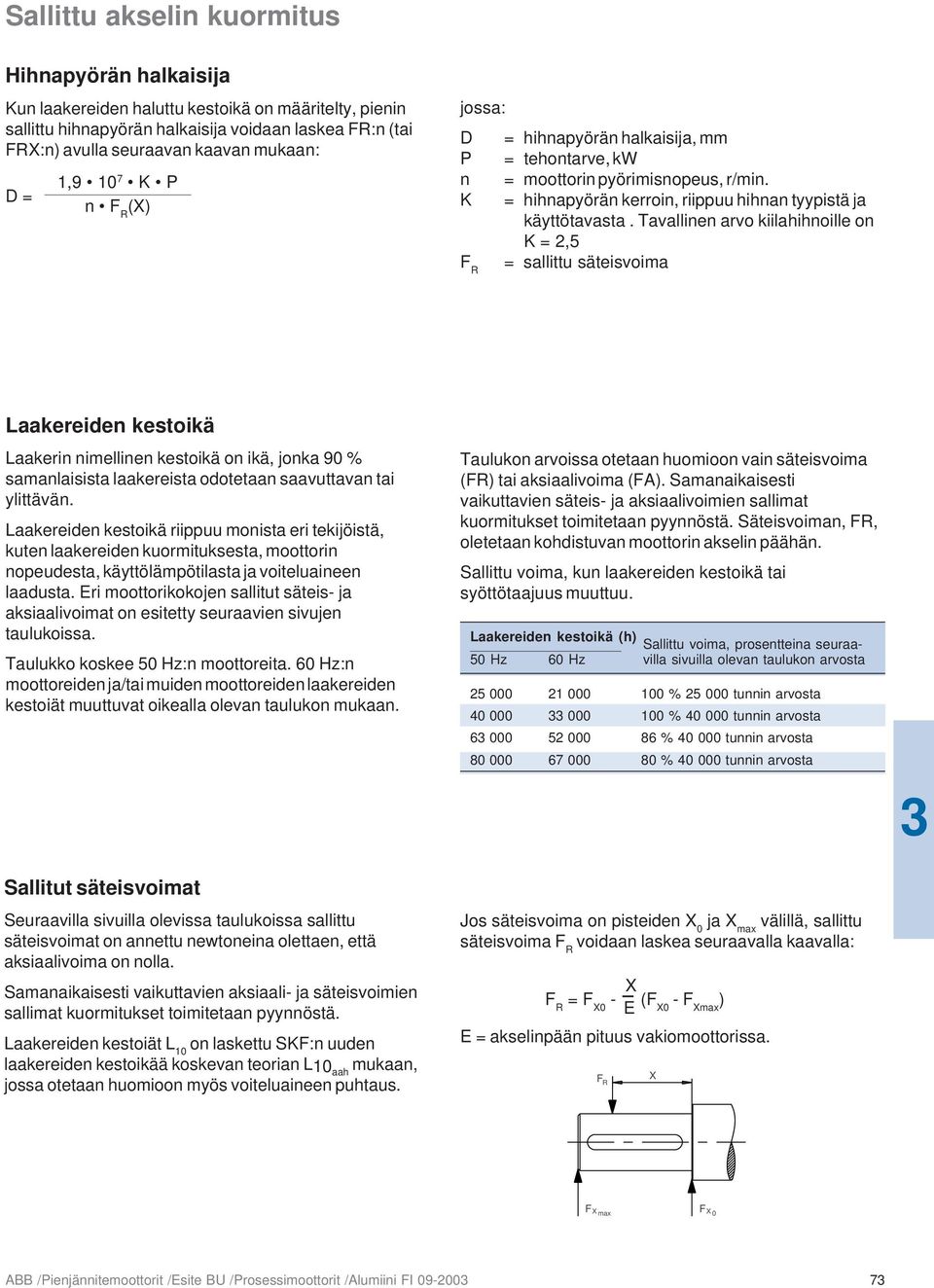 Tavallinen arvo kiilahihnoille on K = 2,5 = sallittu säteisvoima F R Laakereiden kestoikä Laakerin nimellinen kestoikä on ikä, jonka 90 % samanlaisista laakereista odotetaan saavuttavan tai ylittävän.