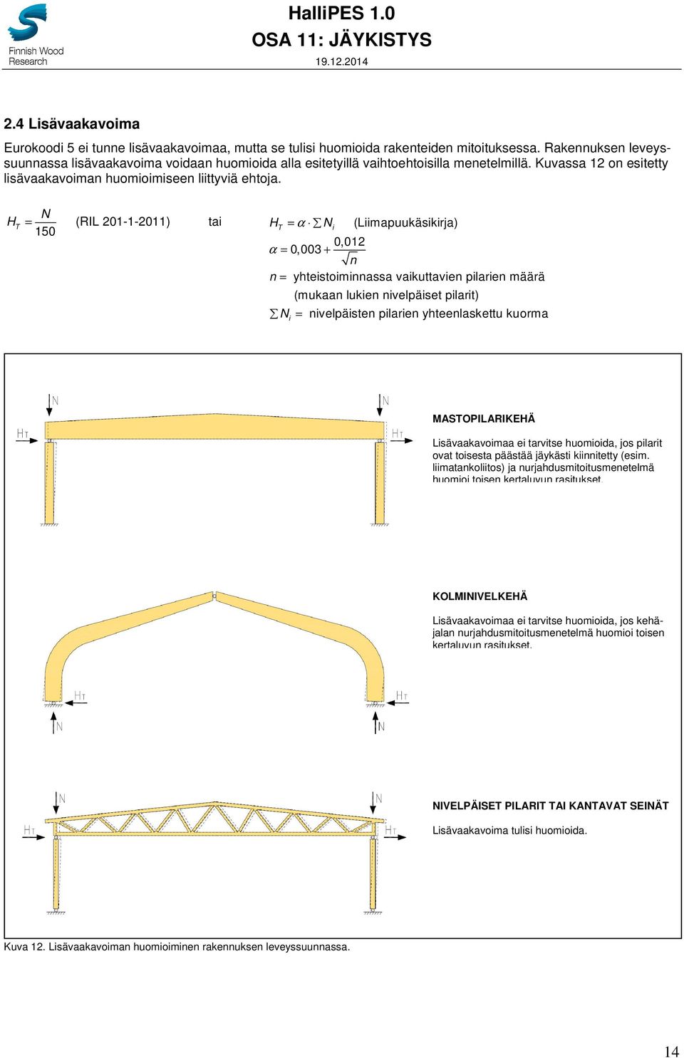 N H T = (RIL 201-1-2011) tai HT = α Ni (Liimapuukäsikirja) 150 0,012 α = 0,003 + n n = yhteistoiminnassa vaikuttavien pilarien määrä (mukaan lukien nivelpäiset pilarit) N = nivelpäisten pilarien