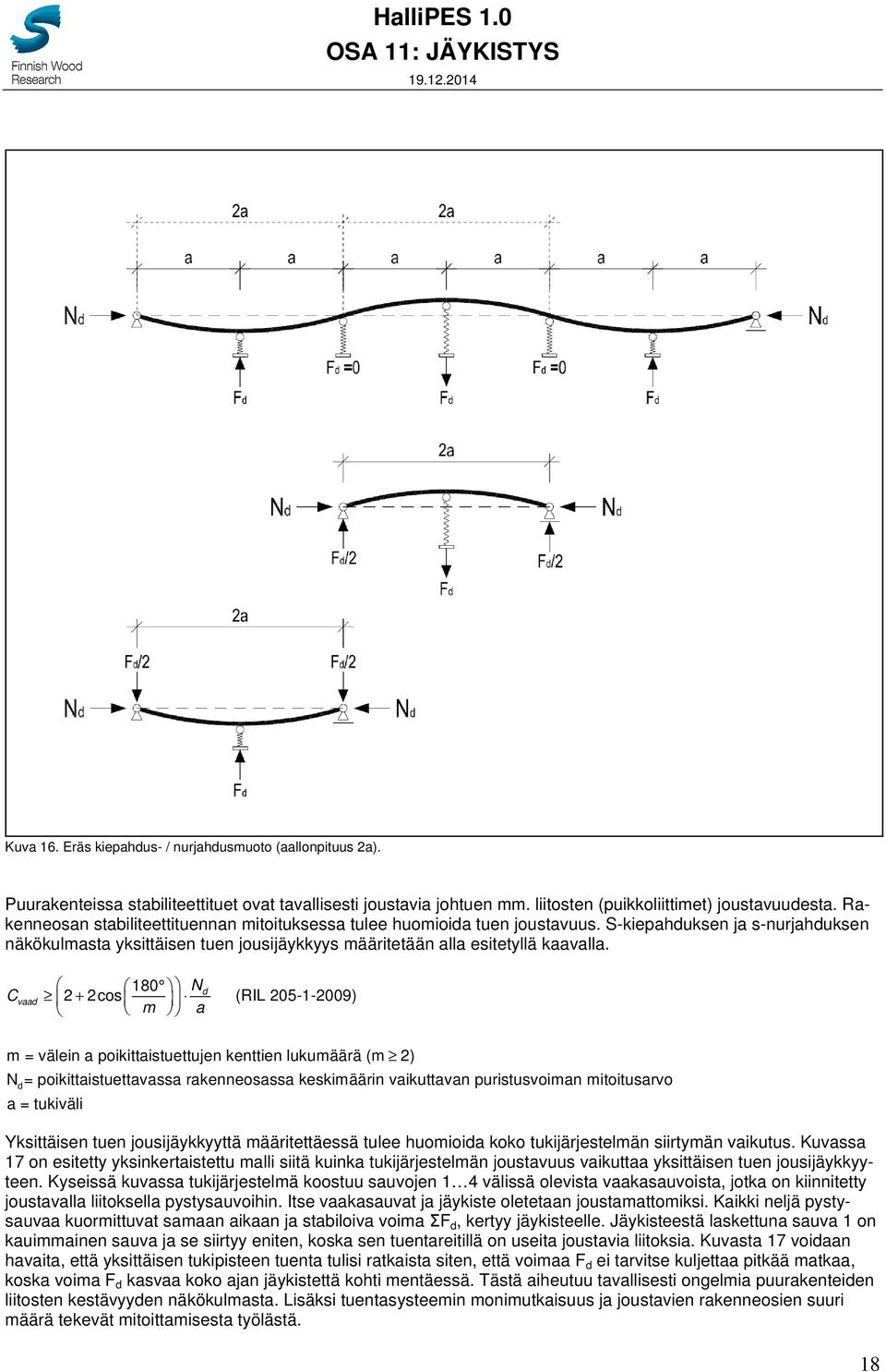 C vaad 180 Nd 2 + 2cos (RIL 205-1-2009) m a m = välein a poikittaistuettujen kenttien lukumäärä (m 2) N = poikittaistuettavassa rakenneosassa keskimäärin vaikuttavan puristusvoiman mitoitusarvo d a =