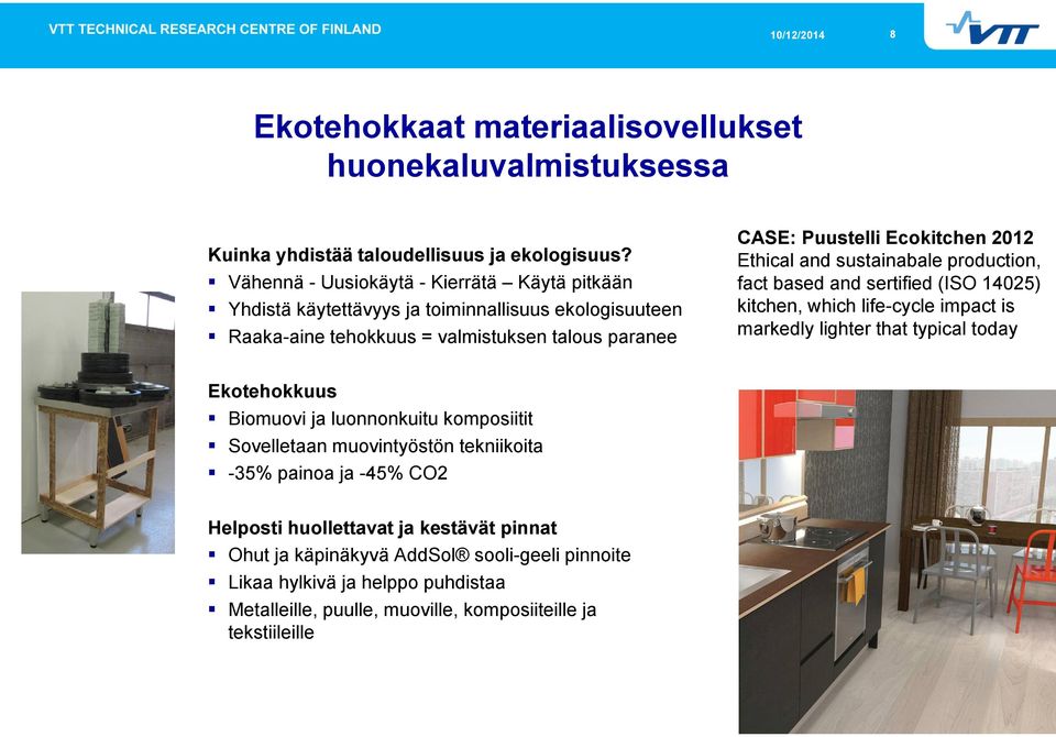 Ethical and sustainabale production, fact based and sertified (ISO 14025) kitchen, which life-cycle impact is markedly lighter that typical today Ekotehokkuus Biomuovi ja luonnonkuitu